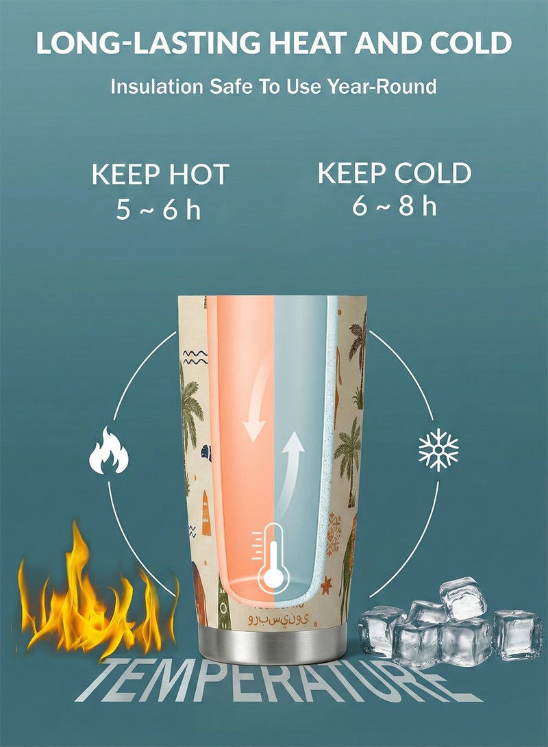 YOONISPRO Travel Coffee Mug 20oz/590ml, 304 Stainless Steel Double-Wall Vacuum Insulated Car Cup with Straw and Brush, Suitable for Iced & Hot Drinks, Light Brown Desert & Camel Design, Ideal Gift - Image 3